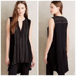 Anthropologie Deletta Womens Blouse XS Shimmered Eve Tunic Top Black Silver Boho